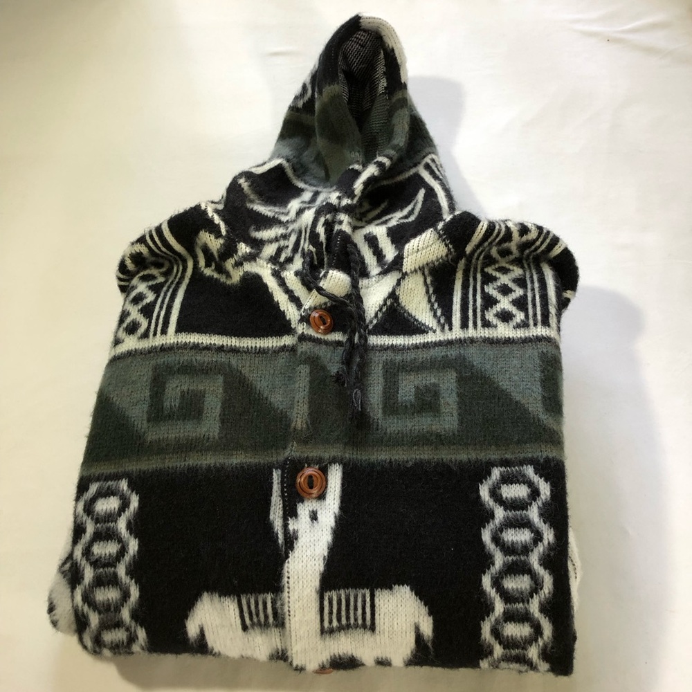 Ruminahui heavy wool cardigan hoodie mens L black white llama hippie Ecuador - Picture 9 of 9